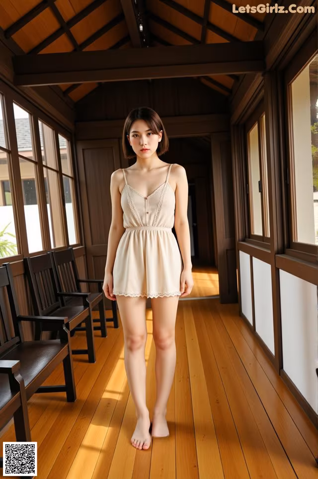 A woman standing on a wooden floor in a room.