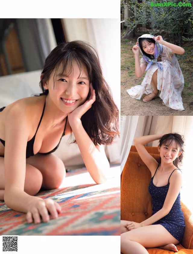 A woman in a black bikini sitting on a couch.