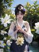 A woman in a kimono holding a flower in a pond.