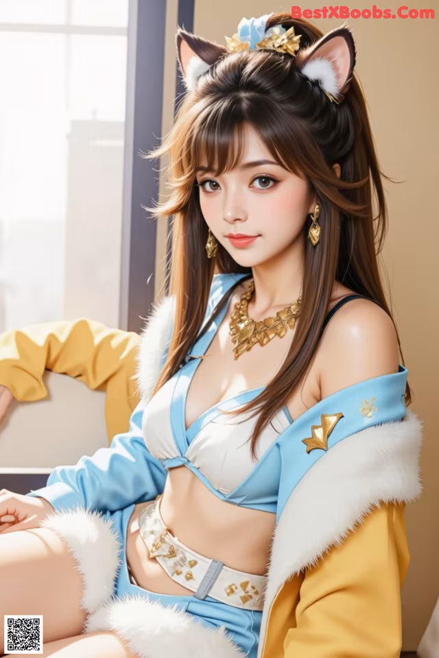 A woman in a blue and yellow outfit sitting on a couch.