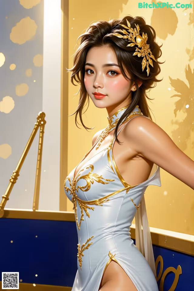 A woman in a white and gold dress posing for a picture.