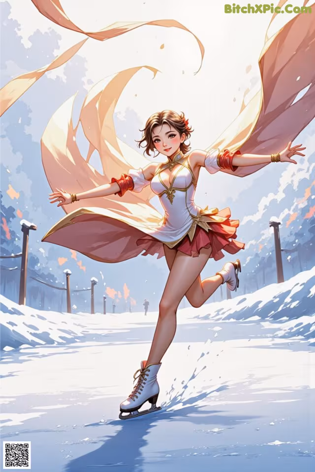 A woman in a white dress is skating in the snow.