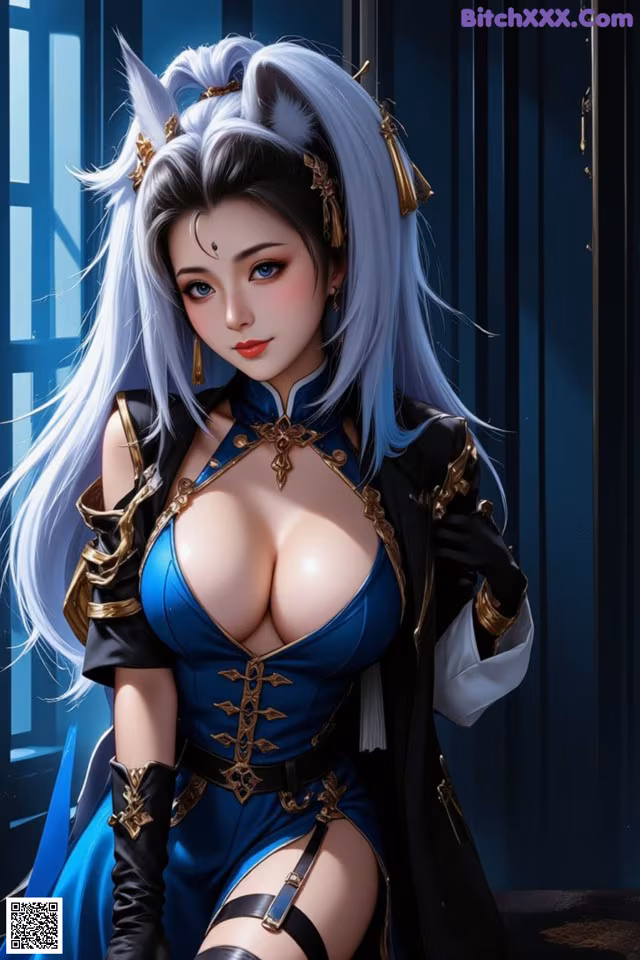 A woman in a blue dress and black gloves posing for a picture.