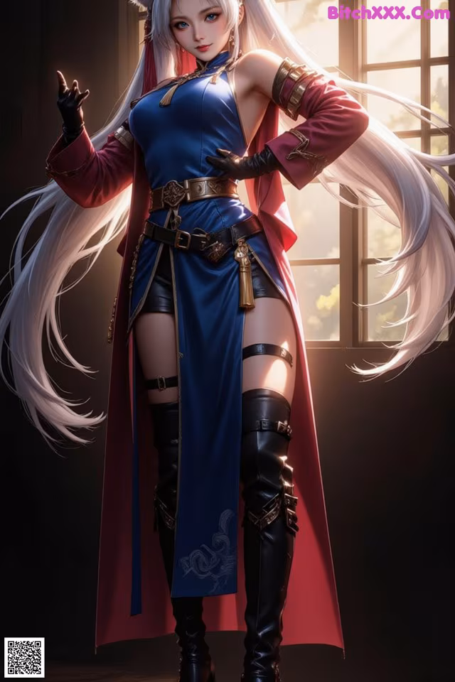 A woman with long white hair wearing a blue dress and a red cape.
