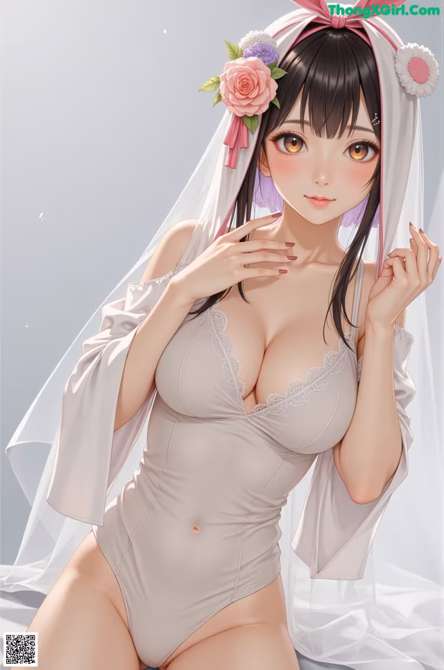 A woman in a white bodysuit with a flower crown on her head.