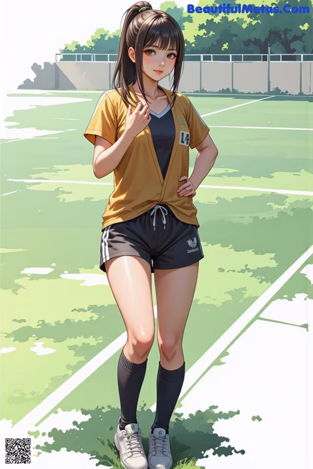 A woman standing on a soccer field with her hands on her hips.