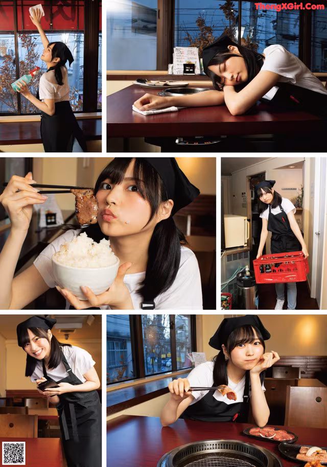 A collage of photos of a woman eating food at a restaurant.