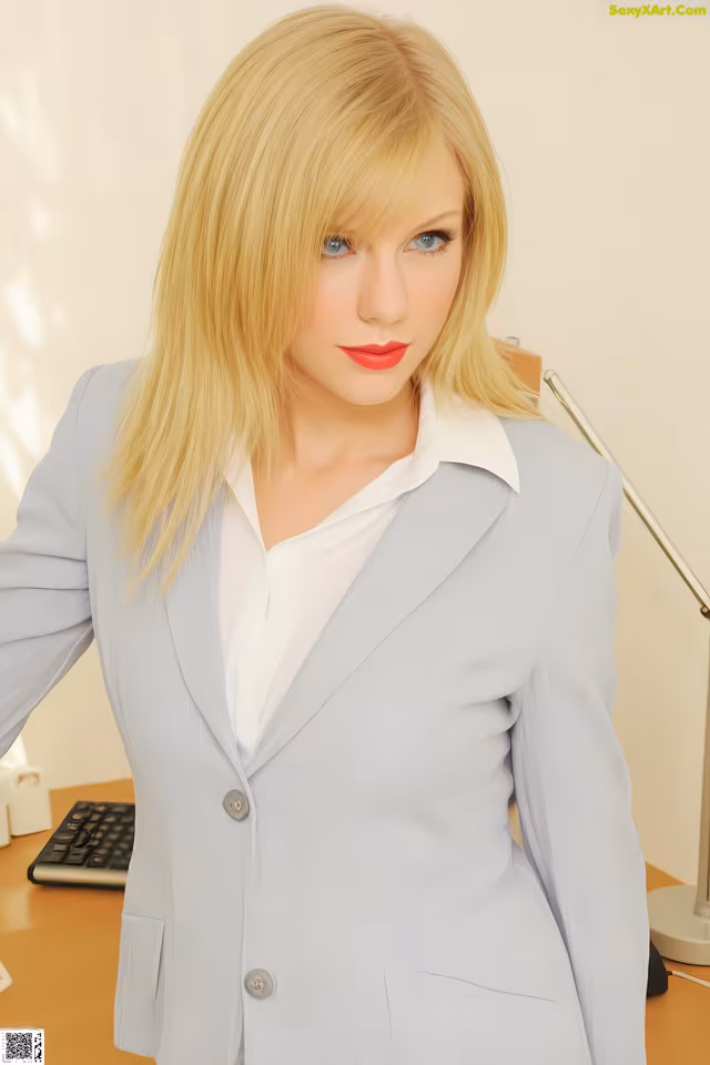 A woman in a business suit standing in front of a desk.