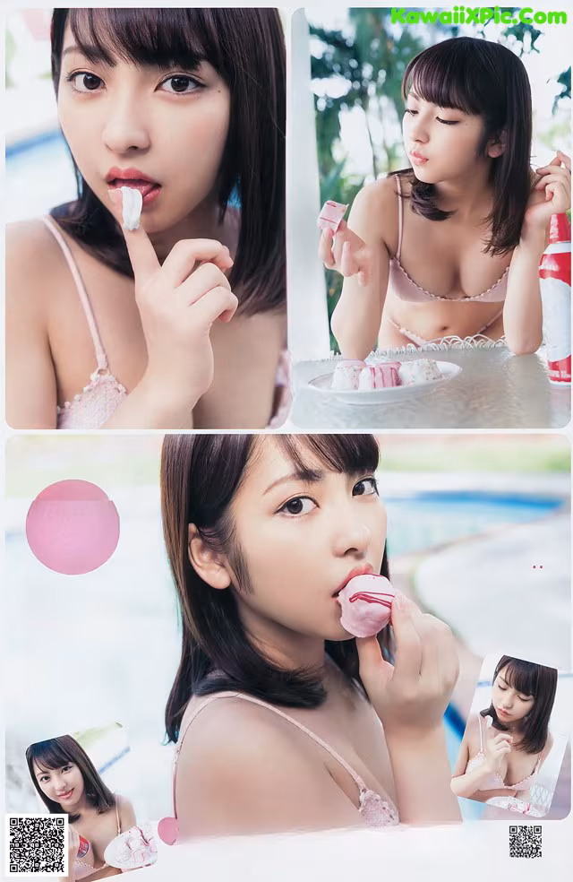 A woman in lingerie eating a piece of ice cream.