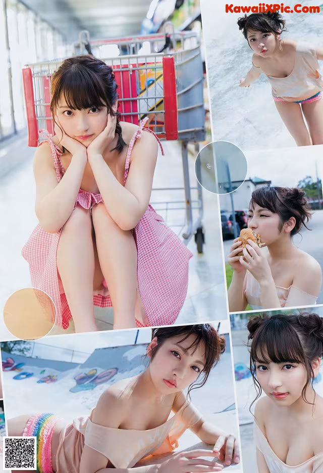 A collage of photos of a woman in a bathing suit.