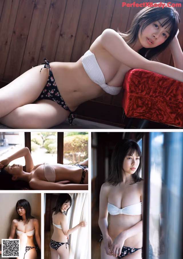 A woman in a bikini laying on a window sill.